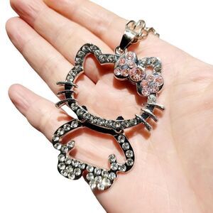 Brand New Silver Rhinestone With Pink Ribbon Hello Kitty Necklace